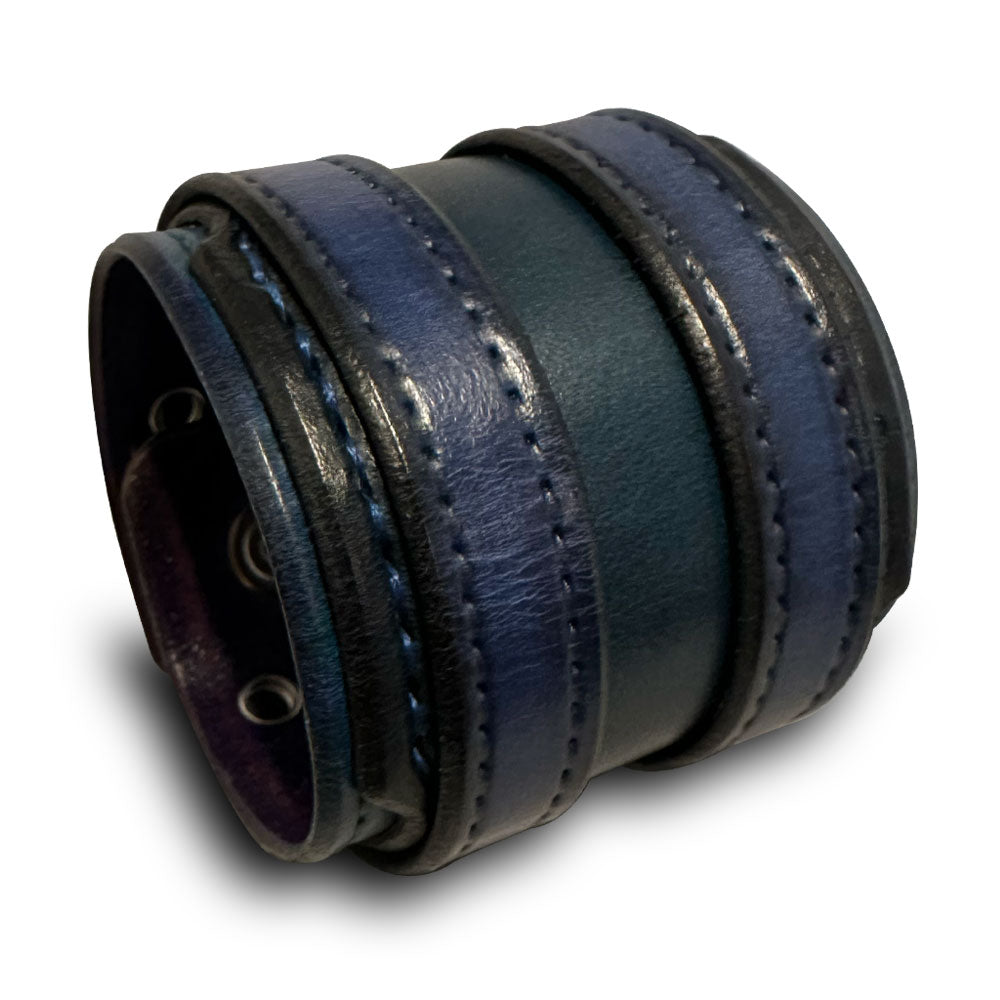 Blue Stressed Layered Double Strap Leather Cuff with Compass Snaps