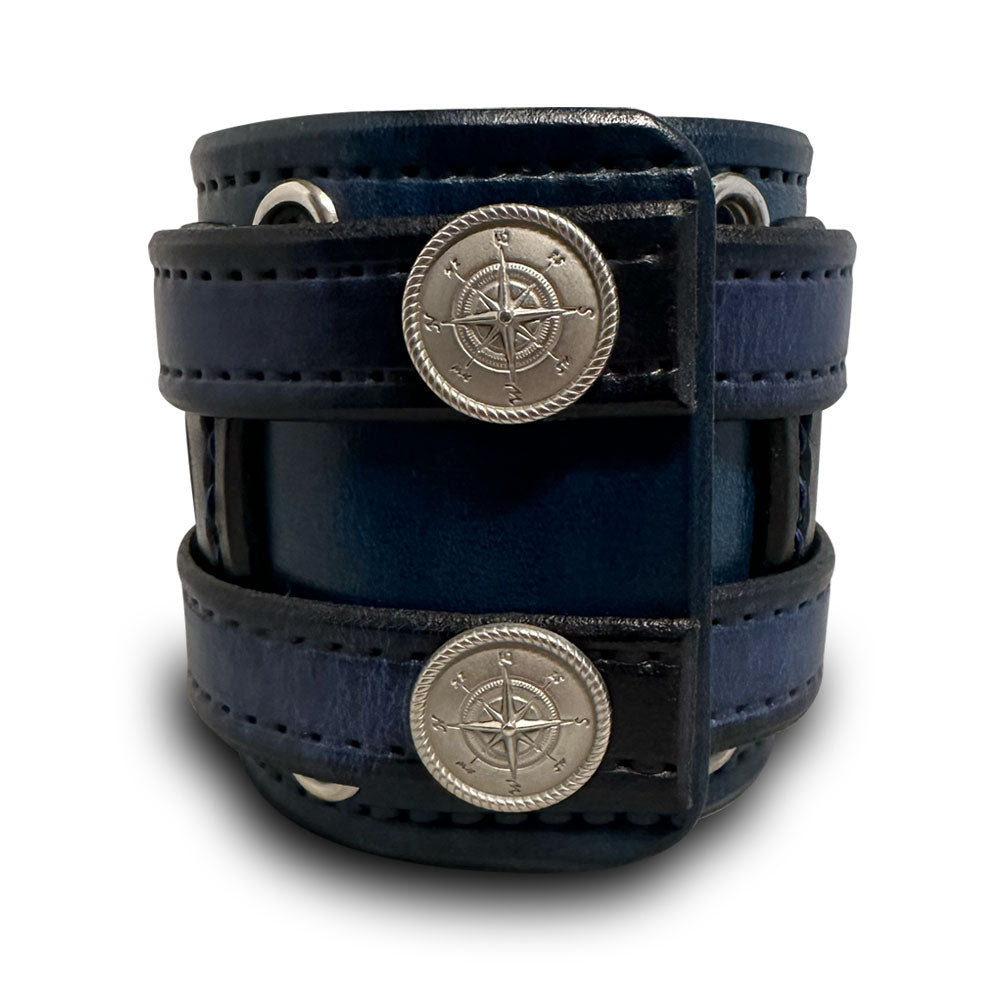Blue Stressed Layered Double Strap Leather Cuff with Compass Snaps