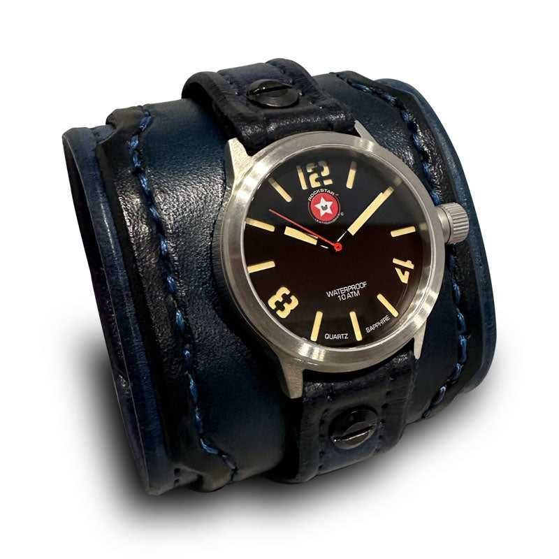 Blue Layered Leather Cuff Watch with Eyelets & Compass Snaps-Leather Cuff Watches-Rockstar Leatherworks™