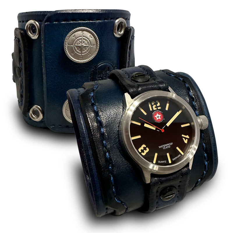 Blue Layered Leather Cuff Watch with Eyelets &amp; Compass Snaps-Leather Cuff Watches-Rockstar Leatherworks™
