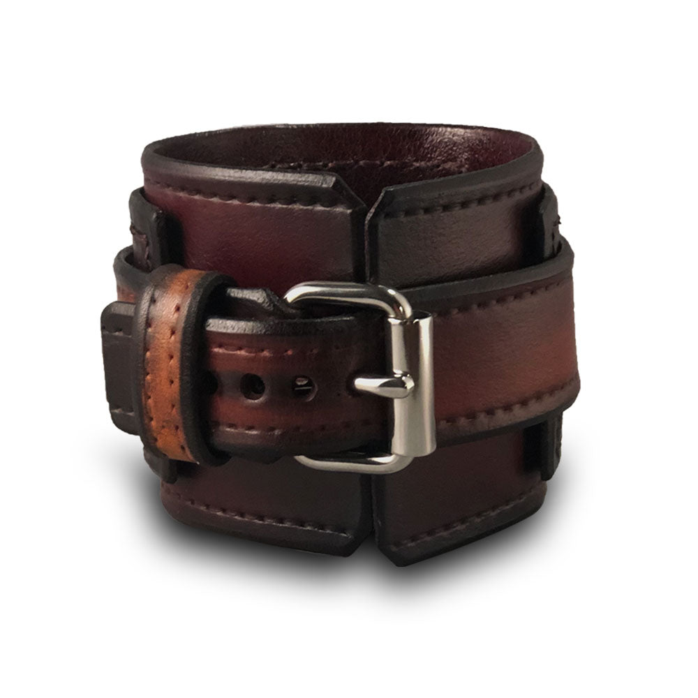 Bordeaux and Tan Wide Layered Leather Cuff Watch with Stitching-Leather Cuff Watches-Rockstar Leatherworks™