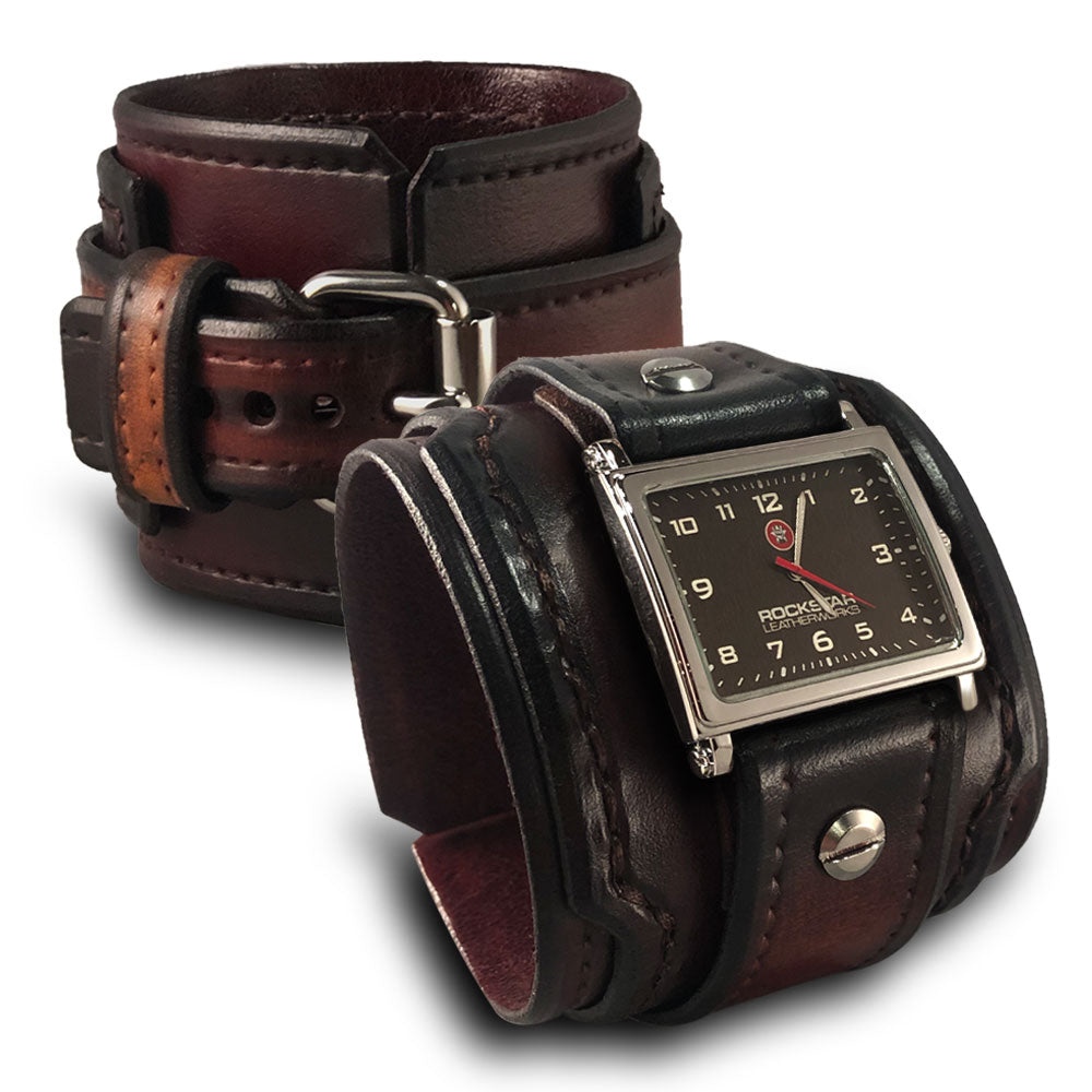 Bordeaux and Tan Wide Layered Leather Cuff Watch with Stitching-Leather Cuff Watches-Rockstar Leatherworks™
