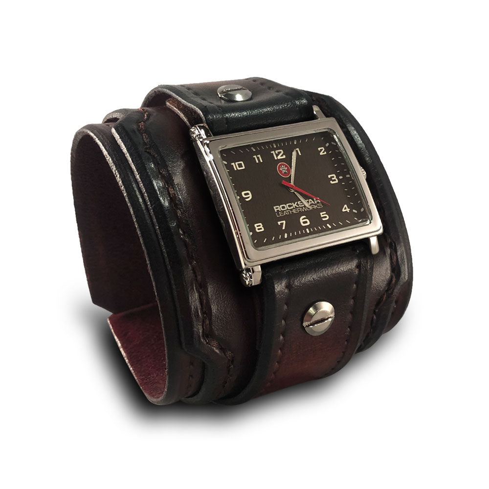 Bordeaux and Tan Wide Layered Leather Cuff Watch with Stitching-Leather Cuff Watches-Rockstar Leatherworks™