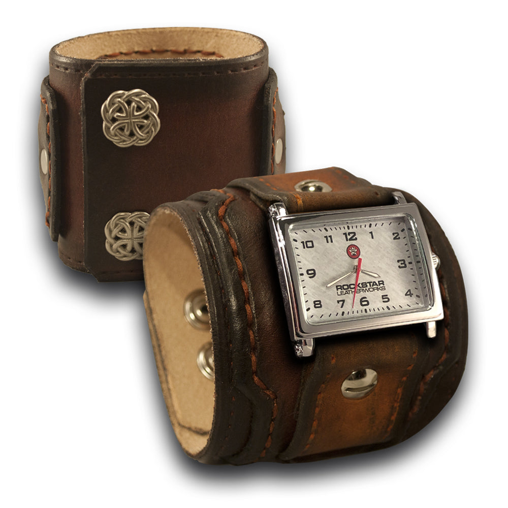 Bordeaux & Tan Layered Leather Cuff Watch with Celtic Snaps-Leather Cuff Watches-Rockstar Leatherworks™