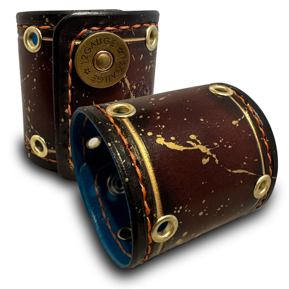 Bordeaux Stressed Leather Cuff with Gold Splatter and Snaps