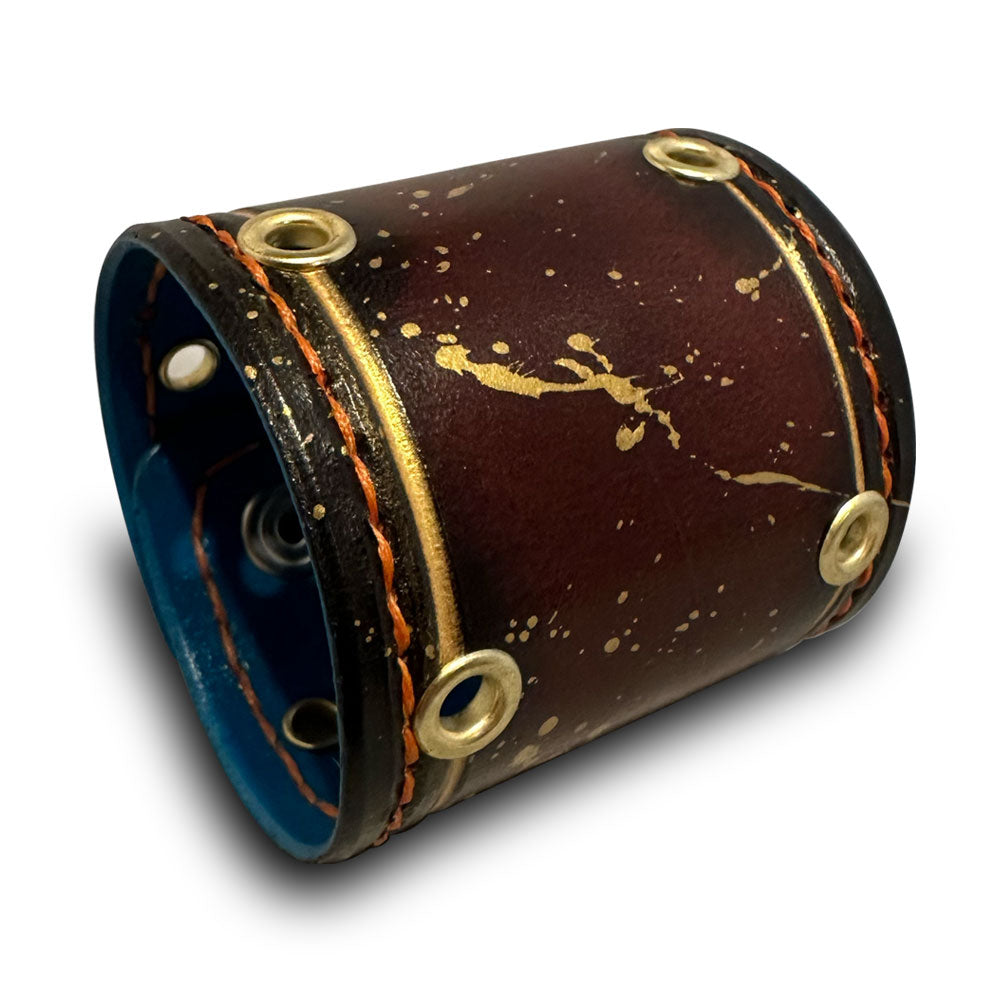 Bordeaux Stressed Leather Cuff with Gold Splatter and Snaps