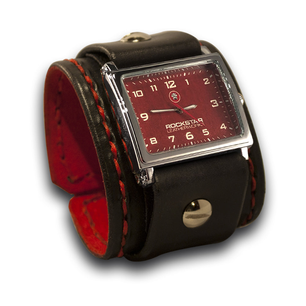 Black Rockstar Leather Cuff Watch with Red Hand Stitching-Leather Cuff Watches-Rockstar Leatherworks™