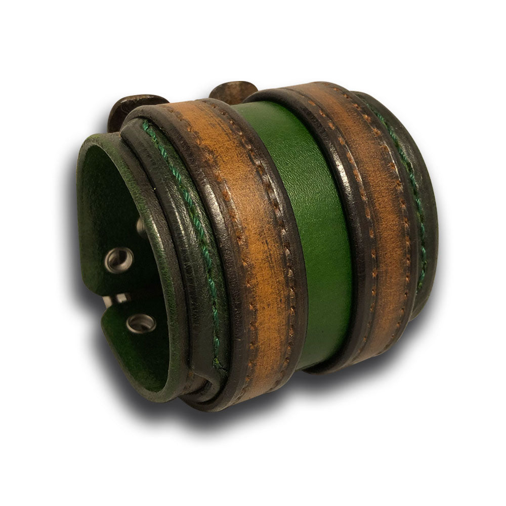 Brown and Green Leather Double Buckle Double Strap Cuff Wristband-Leather Cuffs & Wristbands-Rockstar Leatherworks™