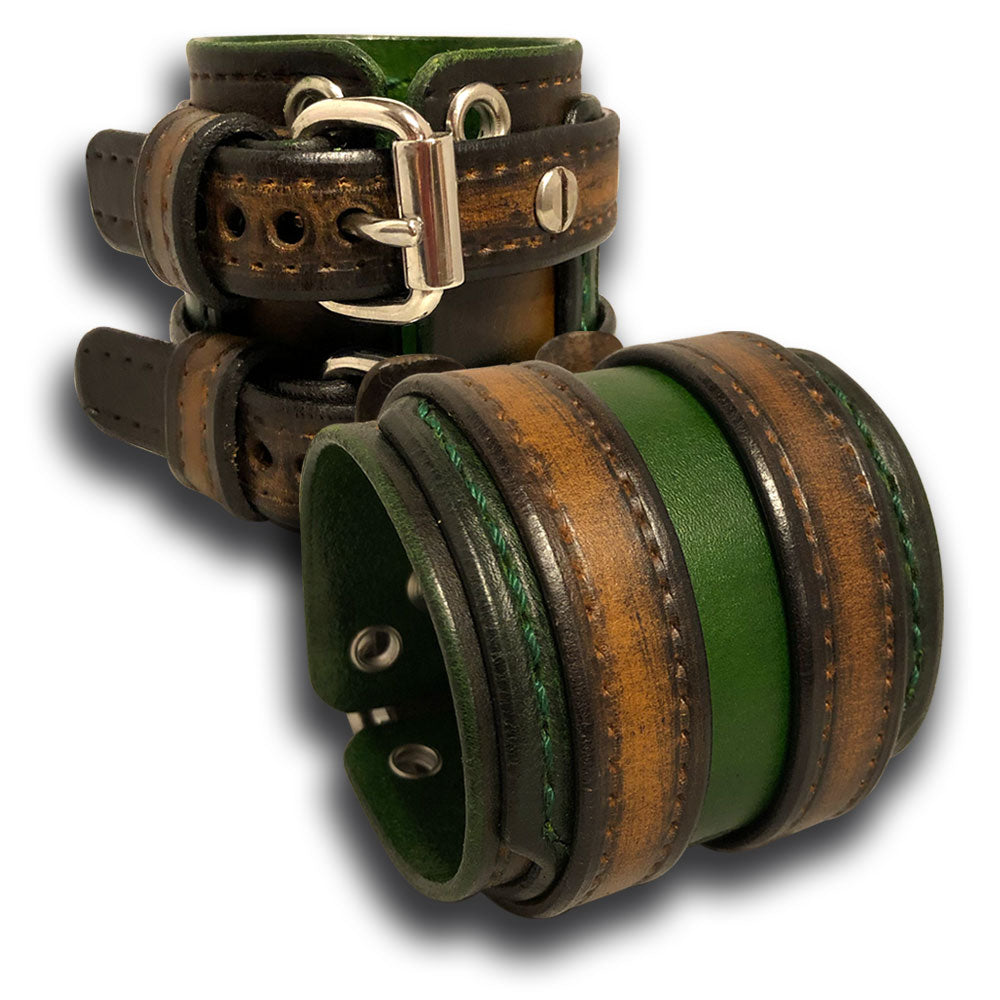 Brown and Green Leather Double Buckle Double Strap Cuff Wristband-Leather Cuffs & Wristbands-Rockstar Leatherworks™