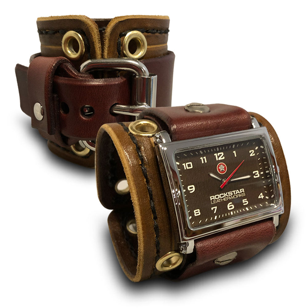 Brown &amp; Bordeaux Leather Cuff Watch with Stitching &amp; Eyelets-Leather Cuff Watches-Rockstar Leatherworks™