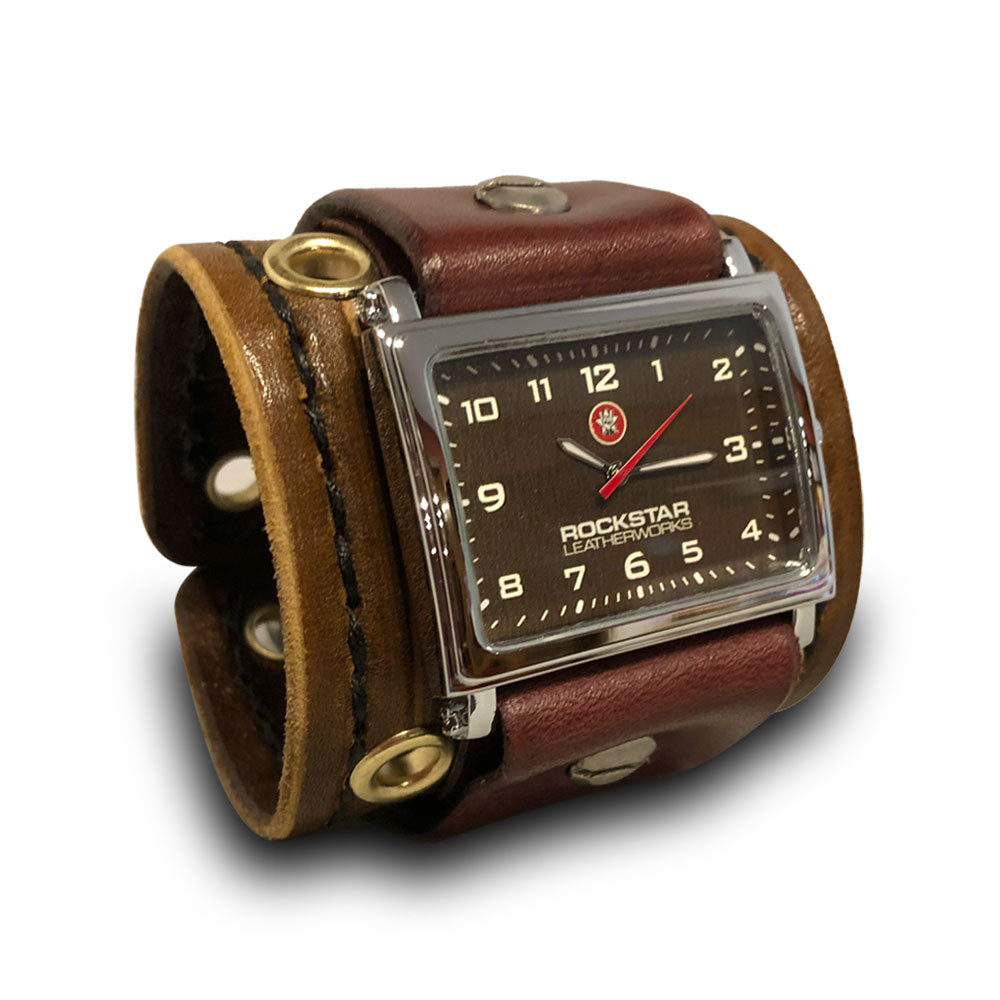 Brown & Bordeaux Leather Cuff Watch with Stitching & Eyelets-Leather Cuff Watches-Rockstar Leatherworks™