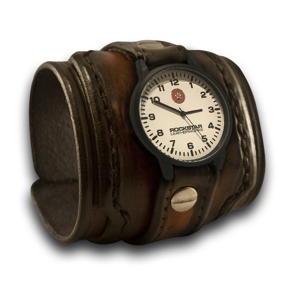 Brown Stressed Layered Leather Cuff Watch with Stitching-Leather Cuff Watches-Rockstar Leatherworks™