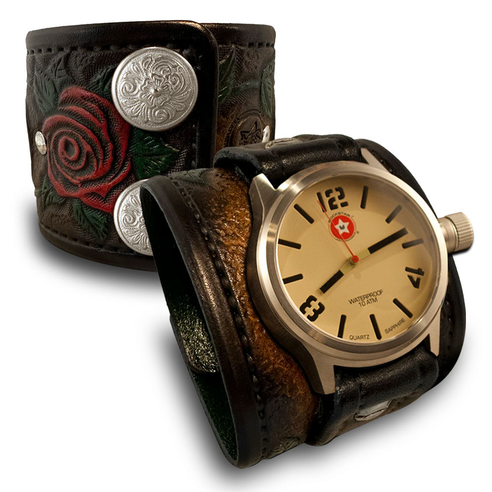 Brown Leather Cuff Watch Rose & Vines with Snaps & 42mm Watch-Leather Cuff Watches-Rockstar Leatherworks™