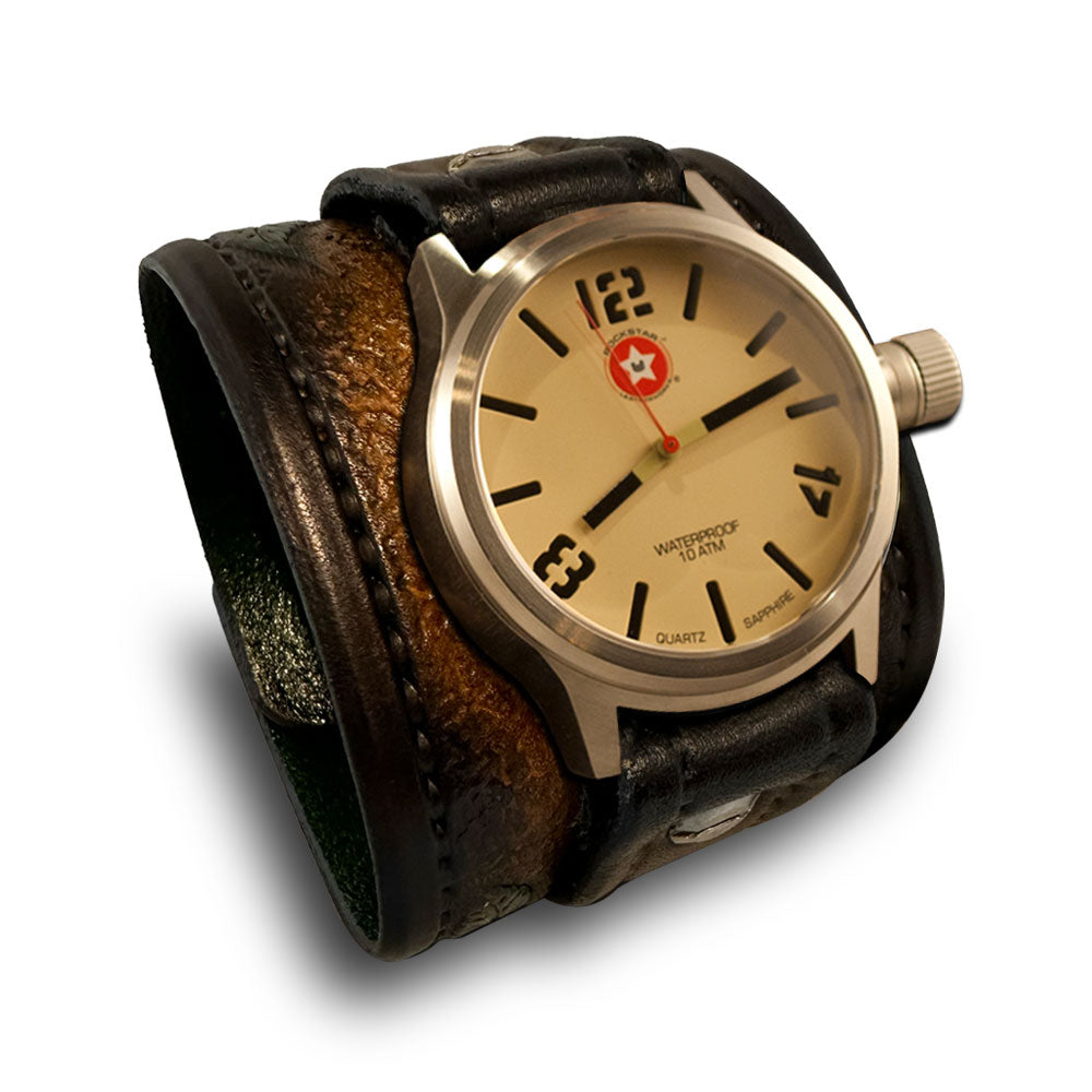 Brown Leather Cuff Watch Rose & Vines with Snaps & 42mm Watch-Leather Cuff Watches-Rockstar Leatherworks™