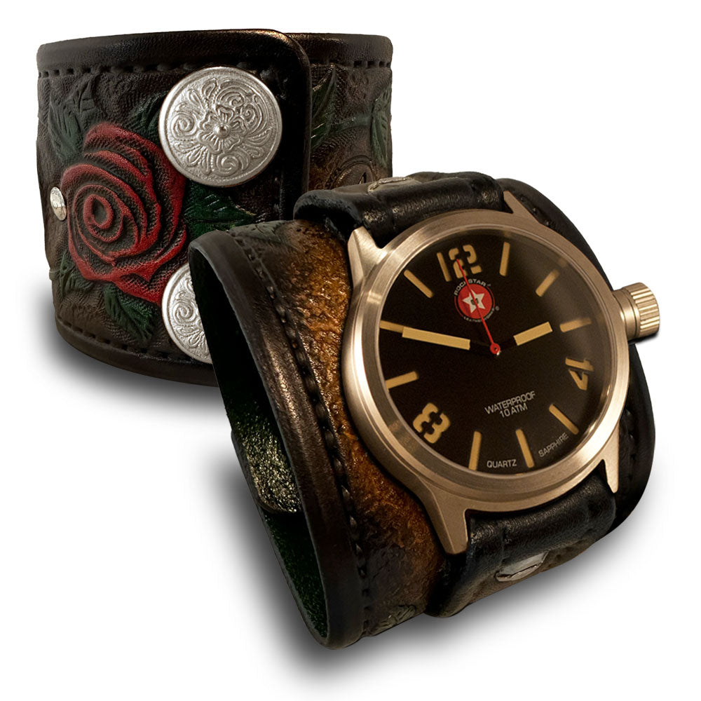 Brown Leather Cuff Watch Rose &amp; Vines with Snaps &amp; 42mm Watch-Leather Cuff Watches-Rockstar Leatherworks™