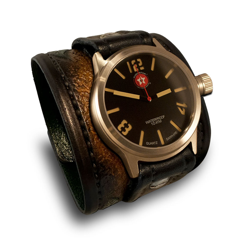 Brown Leather Cuff Watch Rose & Vines with Snaps & 42mm Watch-Leather Cuff Watches-Rockstar Leatherworks™