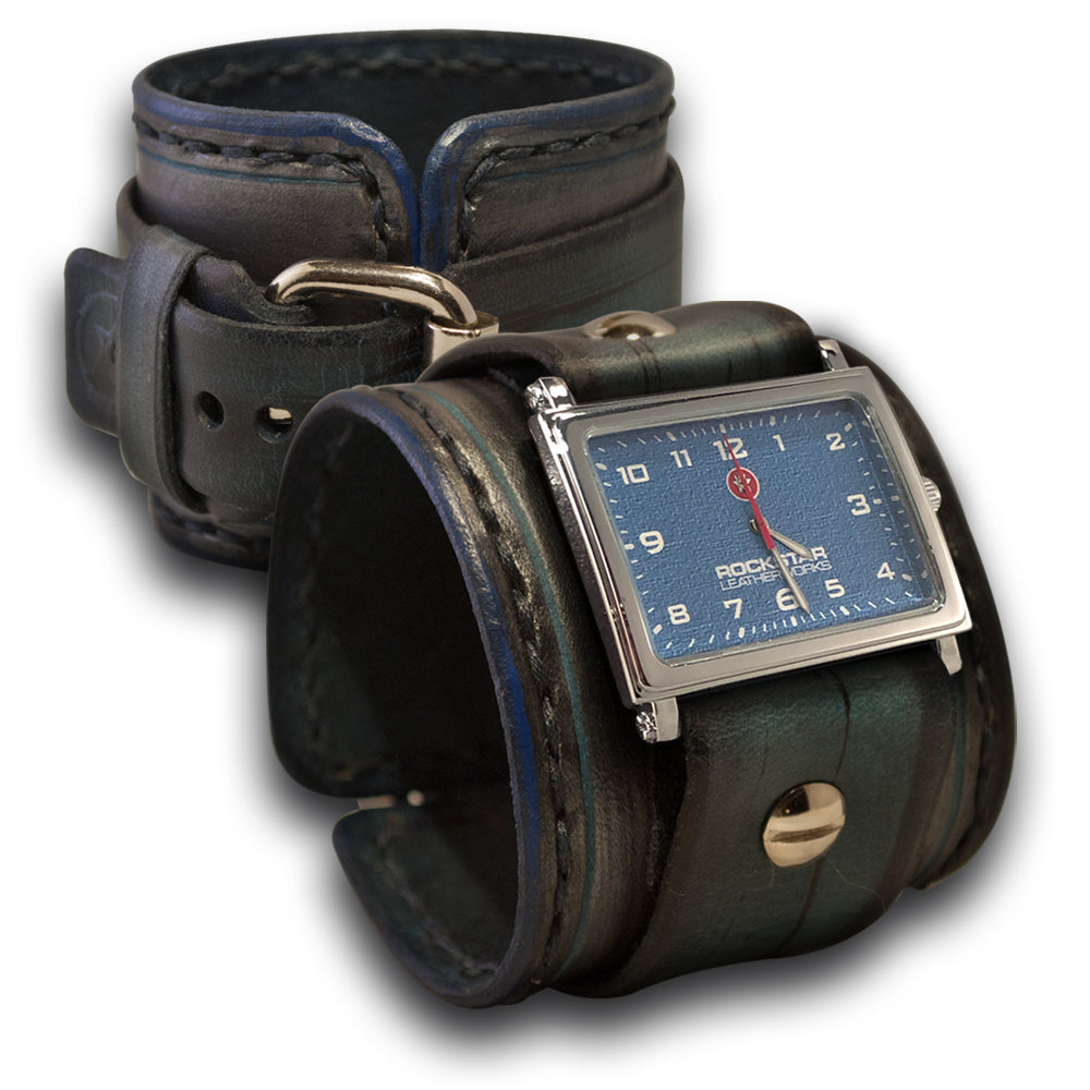 Blue Leather Cuff Watch with Black Hand Stitching-Leather Cuff Watches-Rockstar Leatherworks™