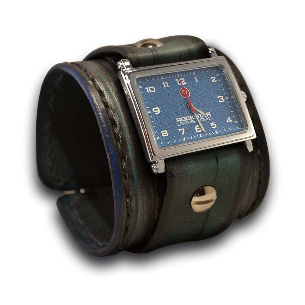 Blue Leather Cuff Watch with Black Hand Stitching-Leather Cuff Watches-Rockstar Leatherworks™