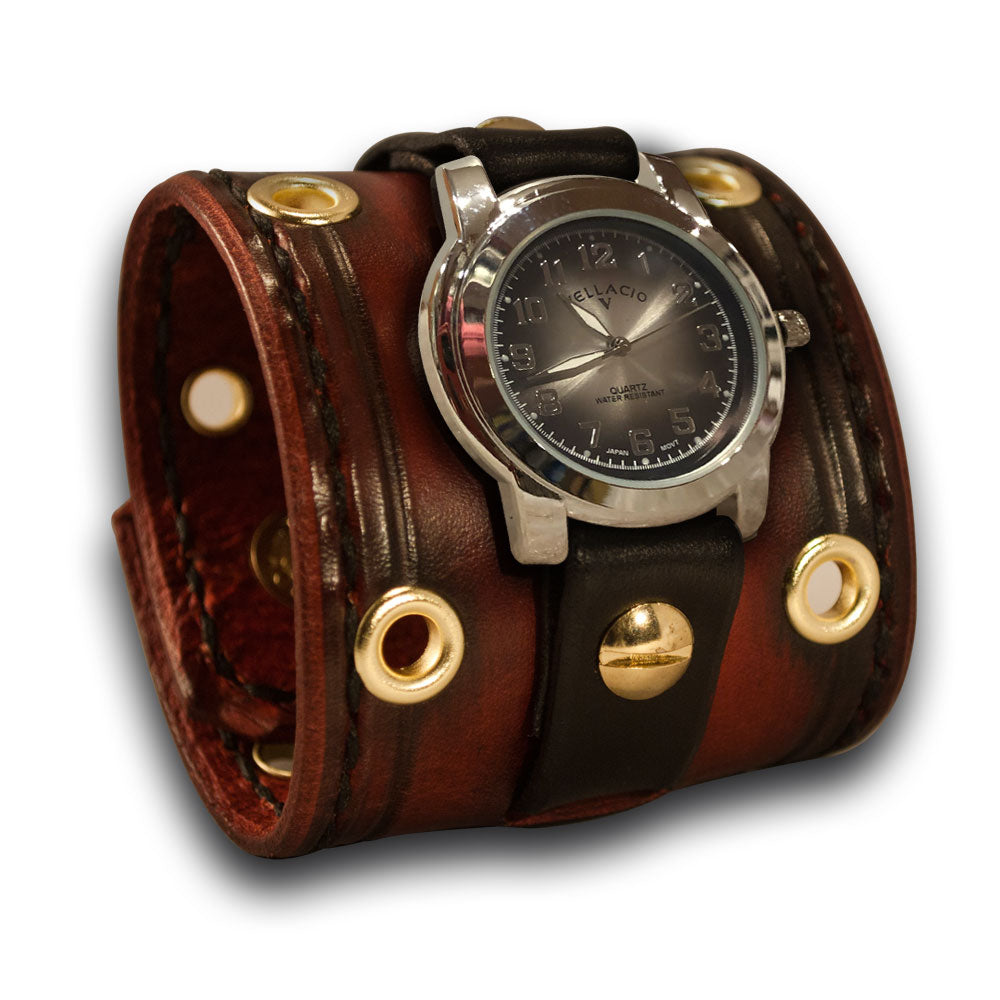 Crimson Stressed Cuff Watch with Stitching, Eyelets & Snaps-Leather Cuff Watches-Rockstar Leatherworks™