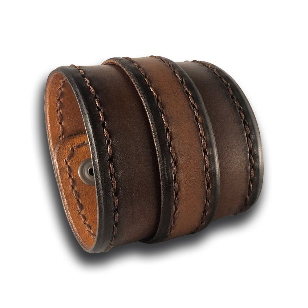 Brown Stressed Double Strap Leather Cuff with Stitching & Snaps-Leather Cuffs & Wristbands-Rockstar Leatherworks™