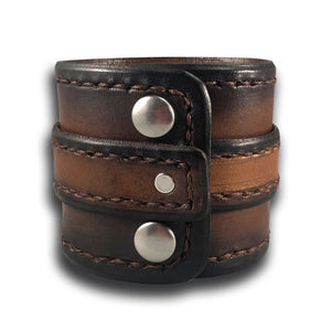 Brown Stressed Double Strap Leather Cuff with Stitching & Snaps-Leather Cuffs & Wristbands-Rockstar Leatherworks™