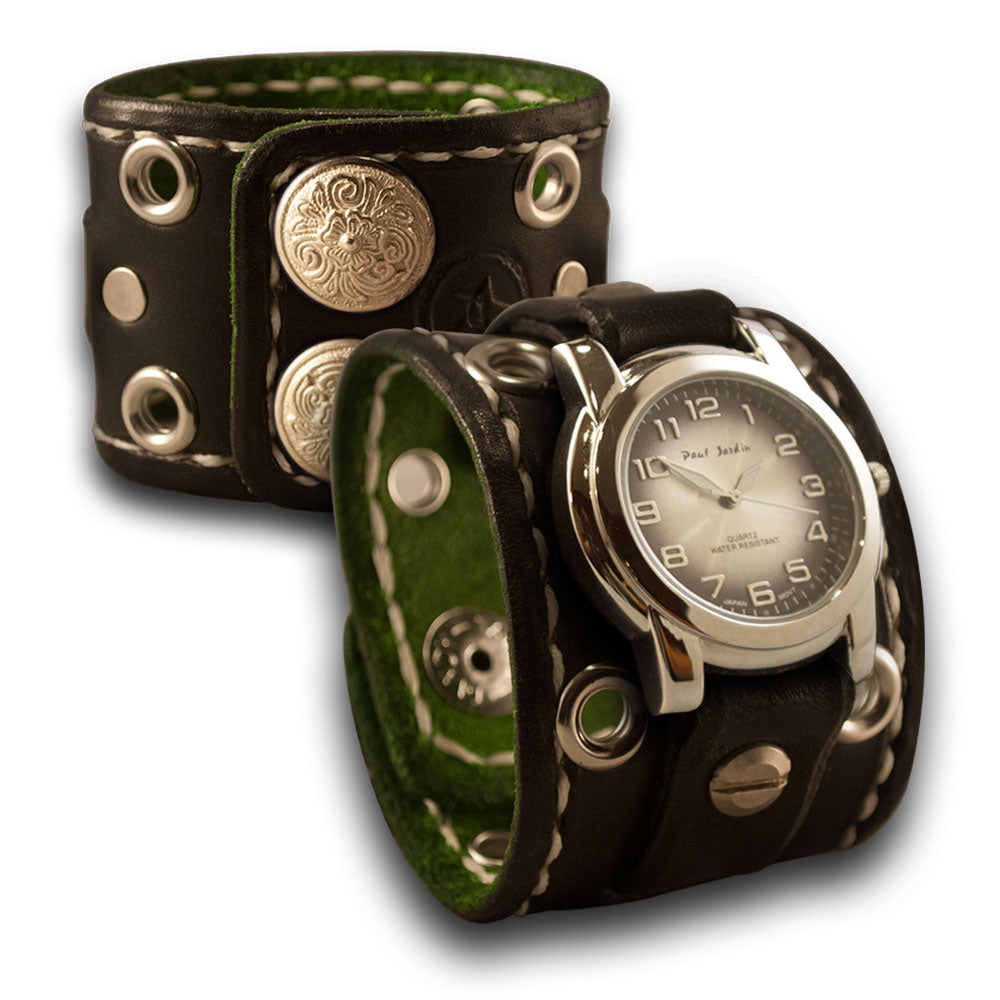 Black Rockstar Leather Cuff Watch w/ Stitching, Eyelets &amp; Snaps-Leather Cuff Watches-Rockstar Leatherworks™