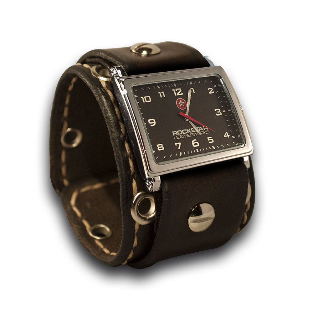 Dark Brown Leather Cuff Watch with Beige Stitching-Leather Cuff Watches-Rockstar Leatherworks™