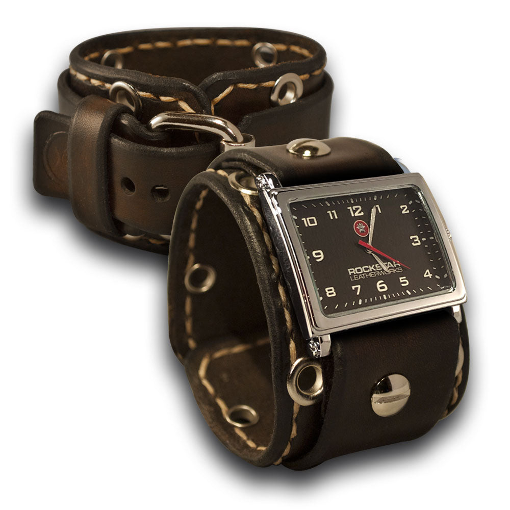 Dark Brown Leather Cuff Watch with Beige Stitching-Leather Cuff Watches-Rockstar Leatherworks™