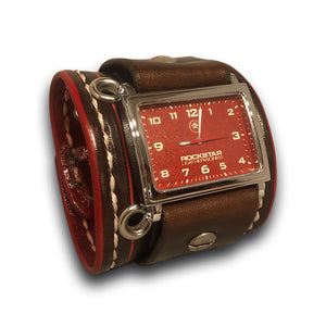 Wide Dark Brown and Red Leather Cuff Watch with Snaps-Leather Cuff Watches-Rockstar Leatherworks™
