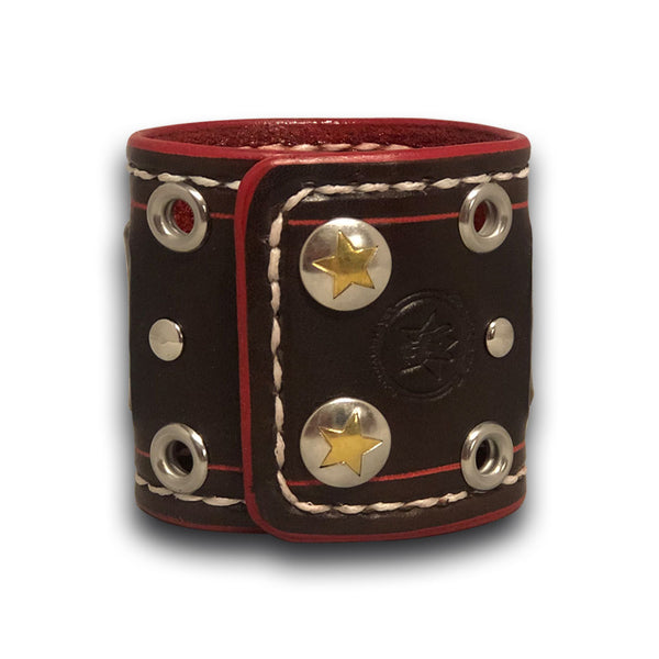 Wide Dark Brown and Red Leather Cuff Watch with Snaps - Rockstar