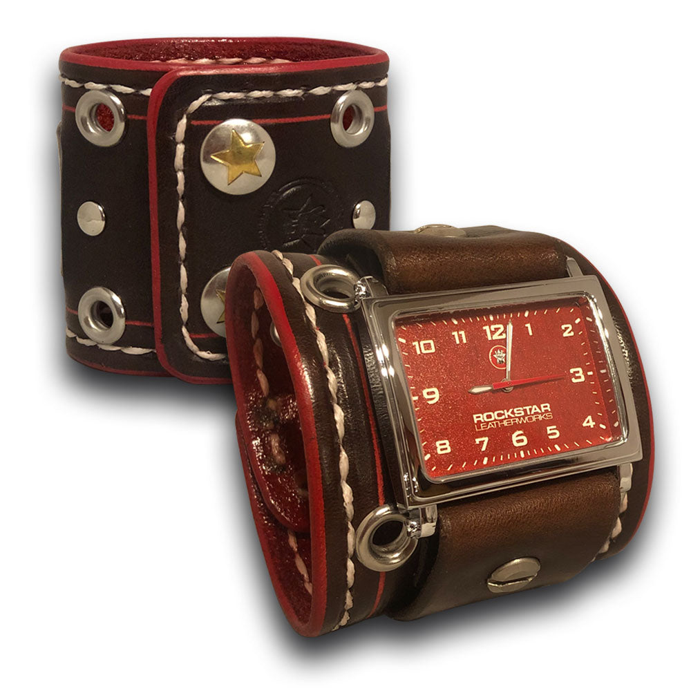 Wide Dark Brown and Red Leather Cuff Watch with Snaps-Leather Cuff Watches-Rockstar Leatherworks™