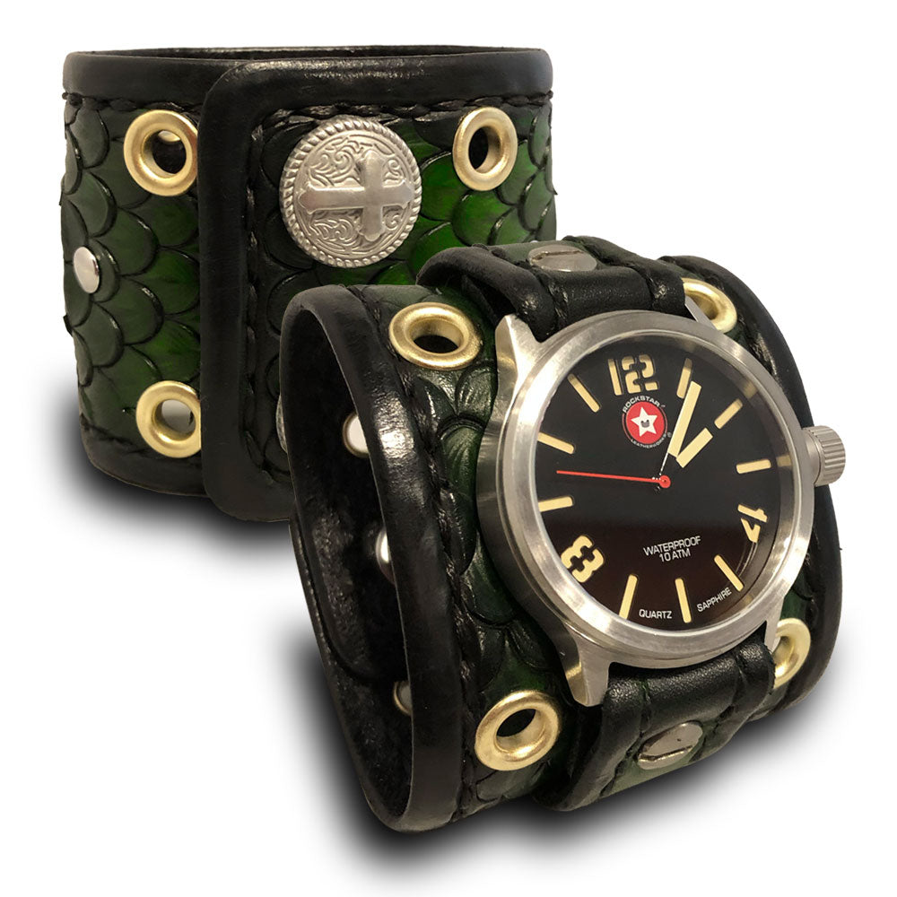 Green Dragon Scale Leather Watch with Snaps &amp; Eyelets-Leather Cuff Watches-Rockstar Leatherworks™