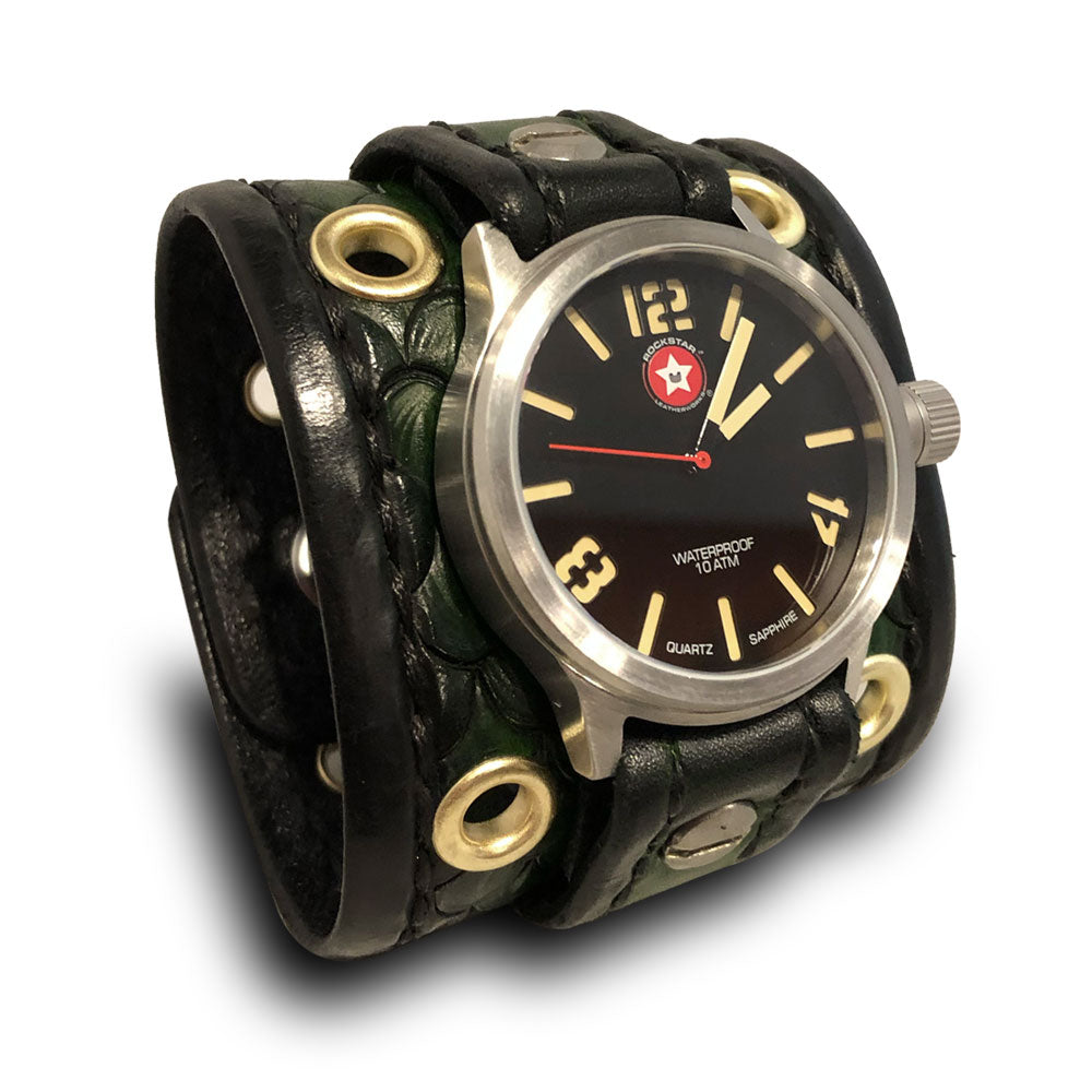 Green Dragon Scale Leather Watch with Snaps & Eyelets-Leather Cuff Watches-Rockstar Leatherworks™