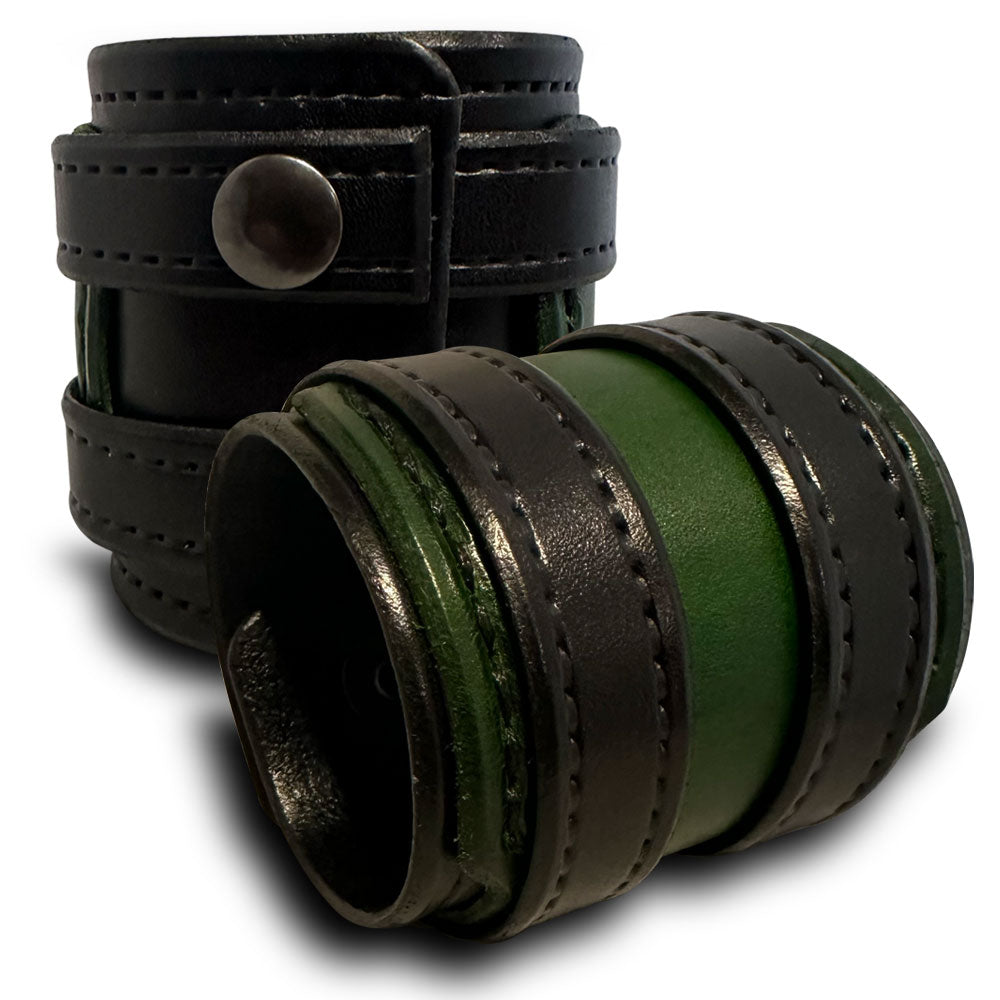 Green & Black Layered Double Strap Leather Cuff with Black Snaps-Leather Cuffs & Wristbands-Rockstar Leatherworks™