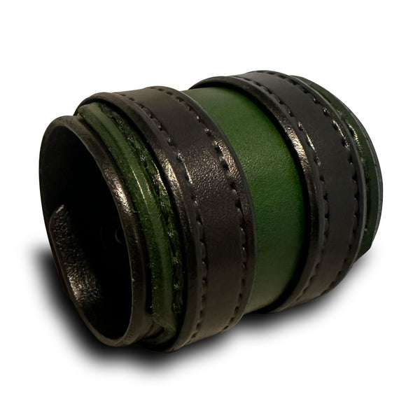 Green & Black Layered Double Strap Leather Cuff with Black Snaps