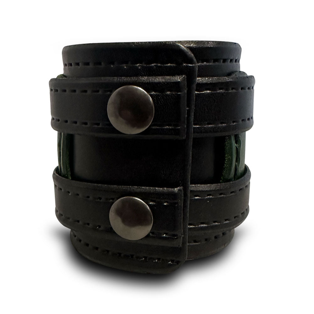 Green & Black Layered Double Strap Leather Cuff with Black Snaps