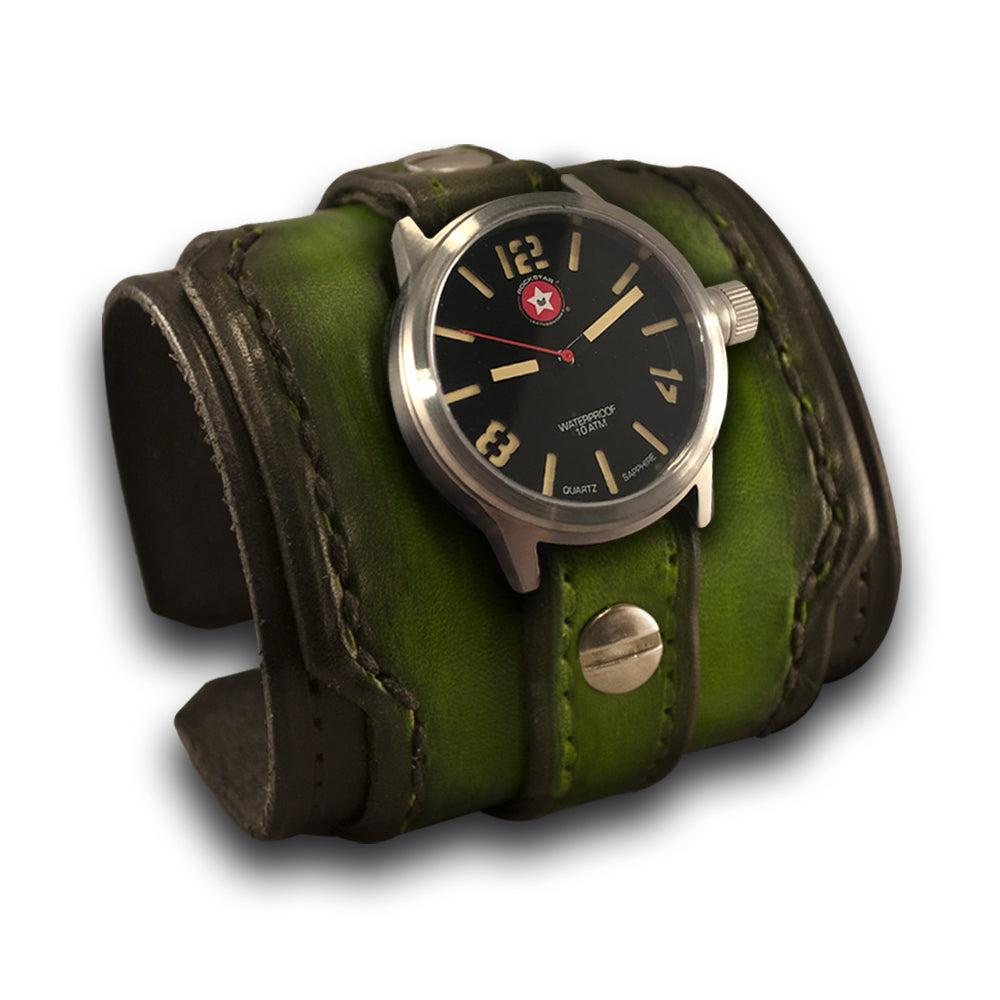 Black & Green Layered Rockstar Leather Cuff Watch-Leather Cuff Watches-Rockstar Leatherworks™