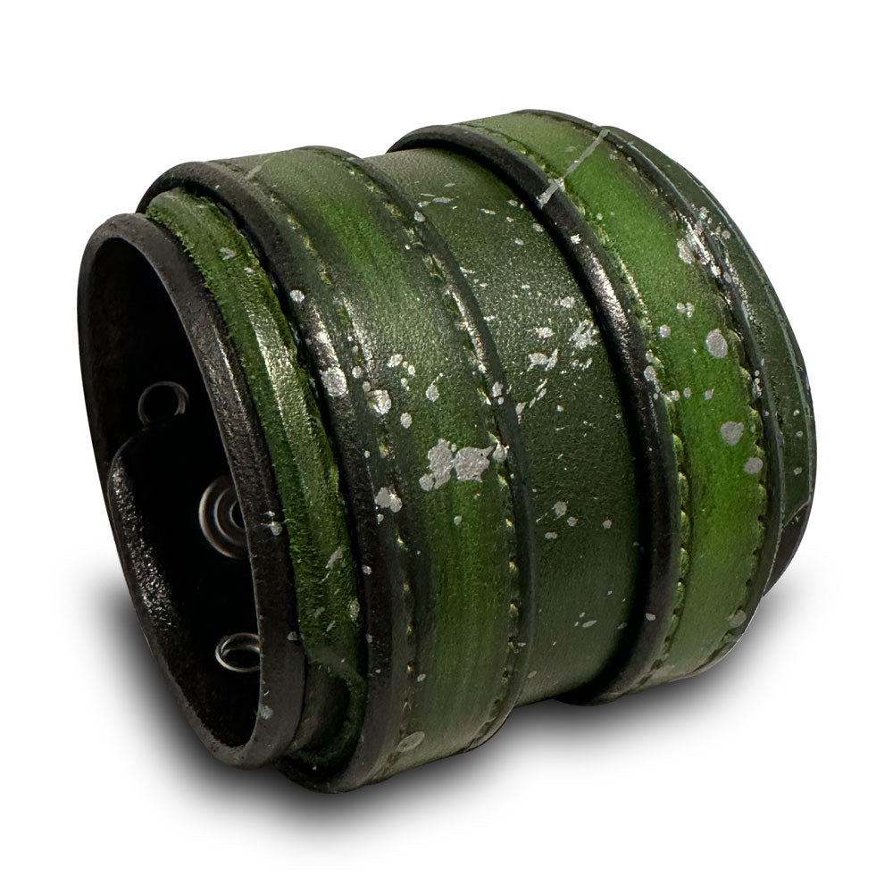 Green & Silver Layered Double Strap Leather Cuff with Celtic Snaps