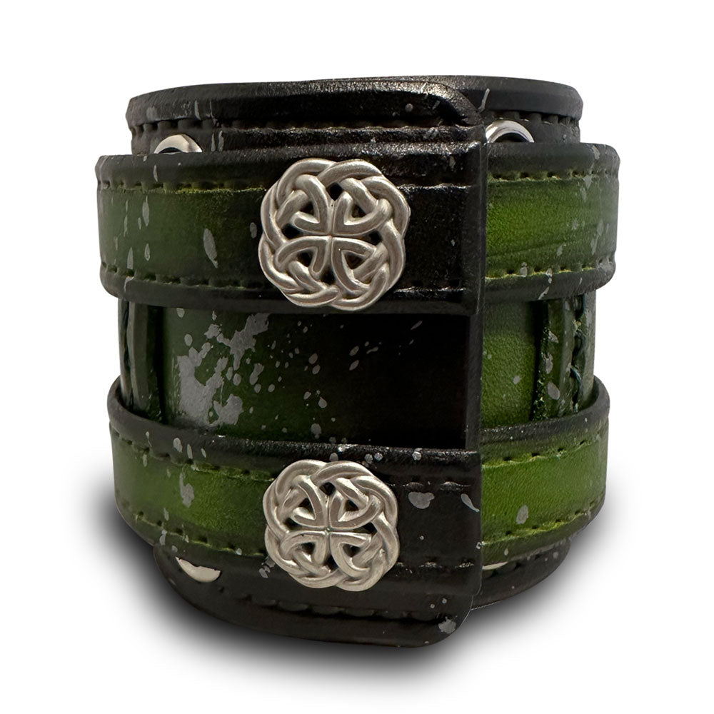 Green & Silver Layered Double Strap Leather Cuff with Celtic Snaps