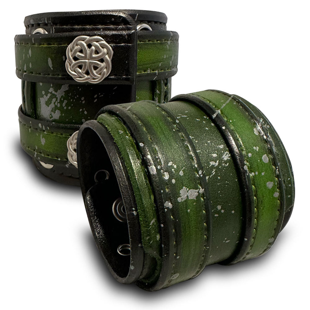 Green & Silver Layered Double Strap Leather Cuff with Celtic Snaps