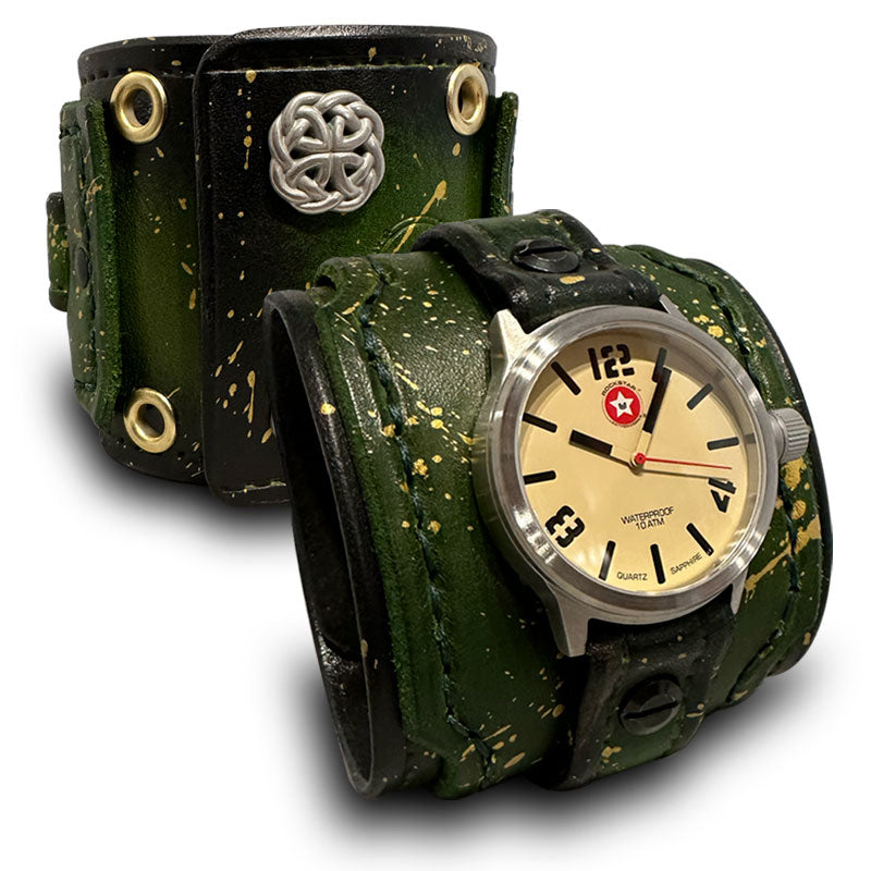 Green &amp; Gold Layered Leather Cuff Watch with Eyelets &amp; Celtic Snaps