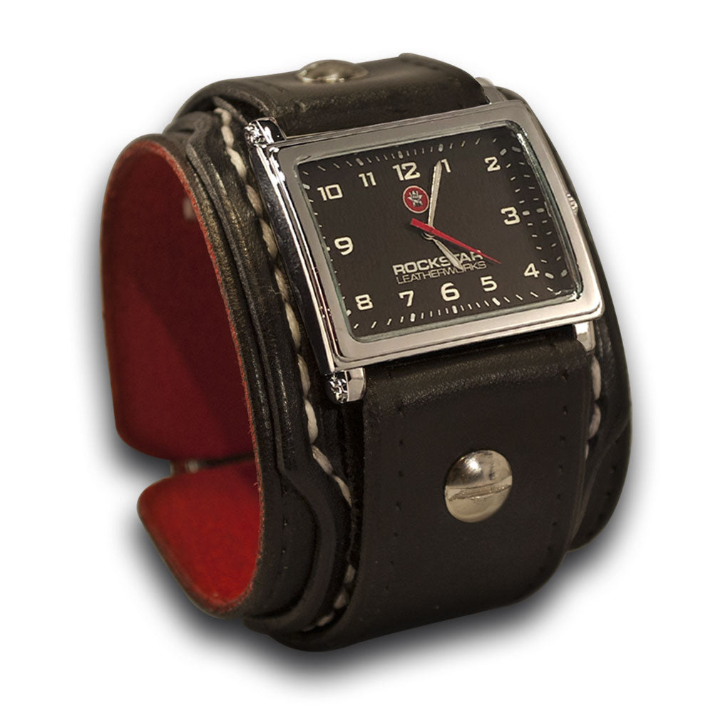 Black Layered Leather Cuff Watch with Stitching & Buckle-Leather Cuff Watches-Rockstar Leatherworks™