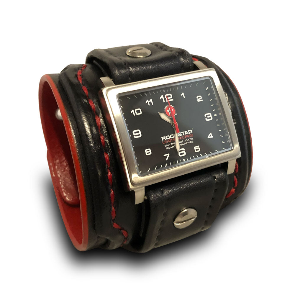 Black & Red Layered Leather Cuff Watch with Eyelets & Skull Snaps-Leather Cuff Watches-Rockstar Leatherworks™