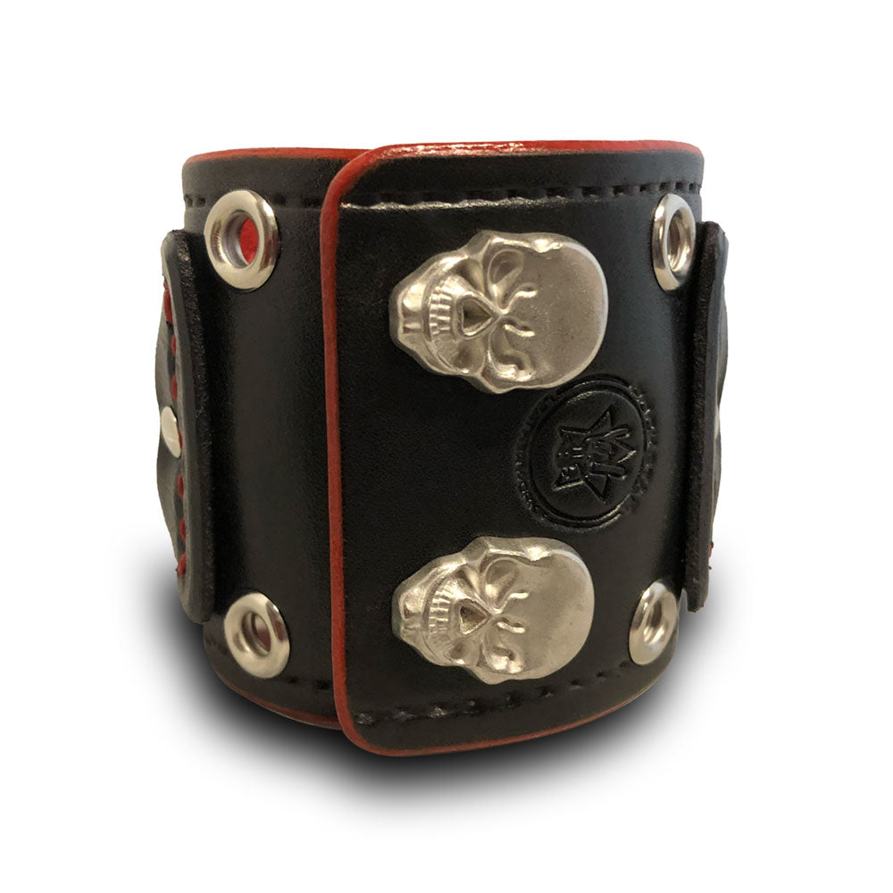 Black & Red Layered Leather Cuff Watch with Eyelets & Skull Snaps-Leather Cuff Watches-Rockstar Leatherworks™
