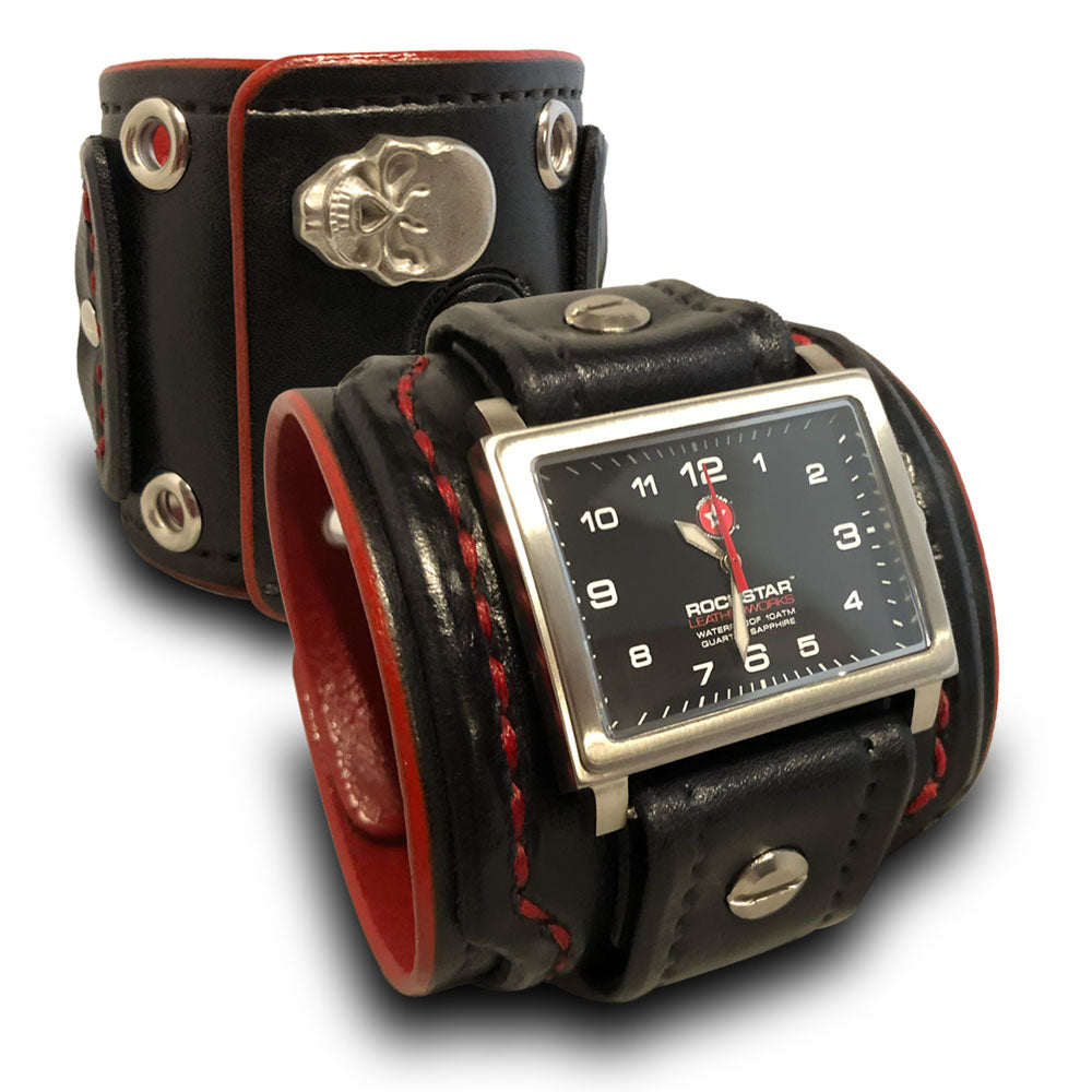 Black &amp; Red Layered Leather Cuff Watch with Eyelets &amp; Skull Snaps-Leather Cuff Watches-Rockstar Leatherworks™