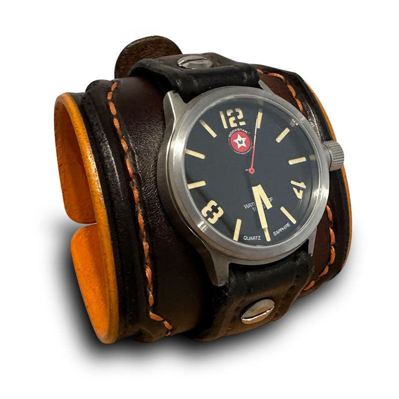Mahogany & Brown Layered Cuff Watch with Stainless 42mm-Leather Cuff Watches-Rockstar Leatherworks™