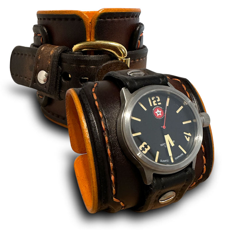 Mahogany & Brown Layered Cuff Watch with Stainless 42mm-Leather Cuff Watches-Rockstar Leatherworks™