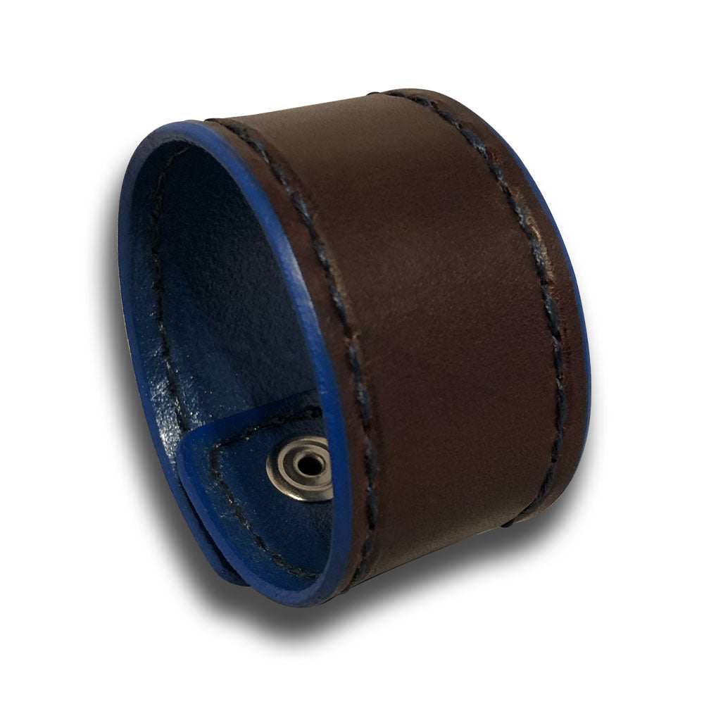 Mahogany Leather Cuff Wristband with Blue Stitching and Snap-Leather Cuffs & Wristbands-Rockstar Leatherworks™