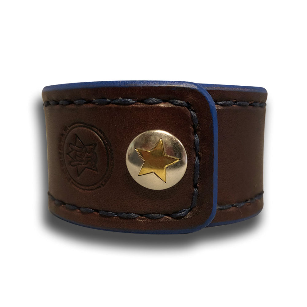 Mahogany Leather Cuff Wristband with Blue Stitching and Snap-Leather Cuffs & Wristbands-Rockstar Leatherworks™