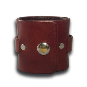 Mahogany Leather Cuff Wristband with Weaved Strap & Star Snap-Leather Cuffs & Wristbands-Rockstar Leatherworks™